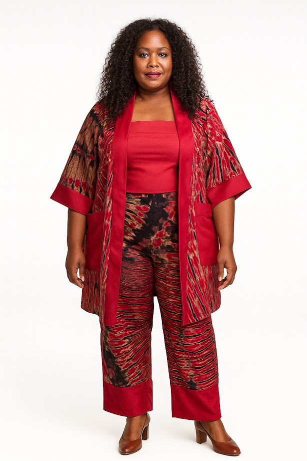 One-of-a Kind Organic Hand Made Batik & Tailor-Made Pants Set - Embroidered with Headwrap - Formal