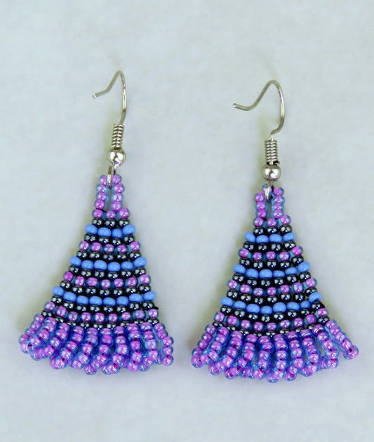 African Beaded Earrings Zulu Triangle Lilac Blue Metallic Grey
